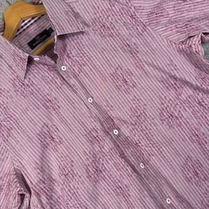 Bugatchi Uomo Shirt Mens Large Pink Floral Button Up Short Sleeve